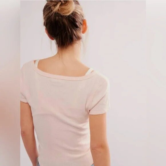 New Free People Intimately End Game Pointelle Baby Tee, Small, Peach - Picture 3 of 7
